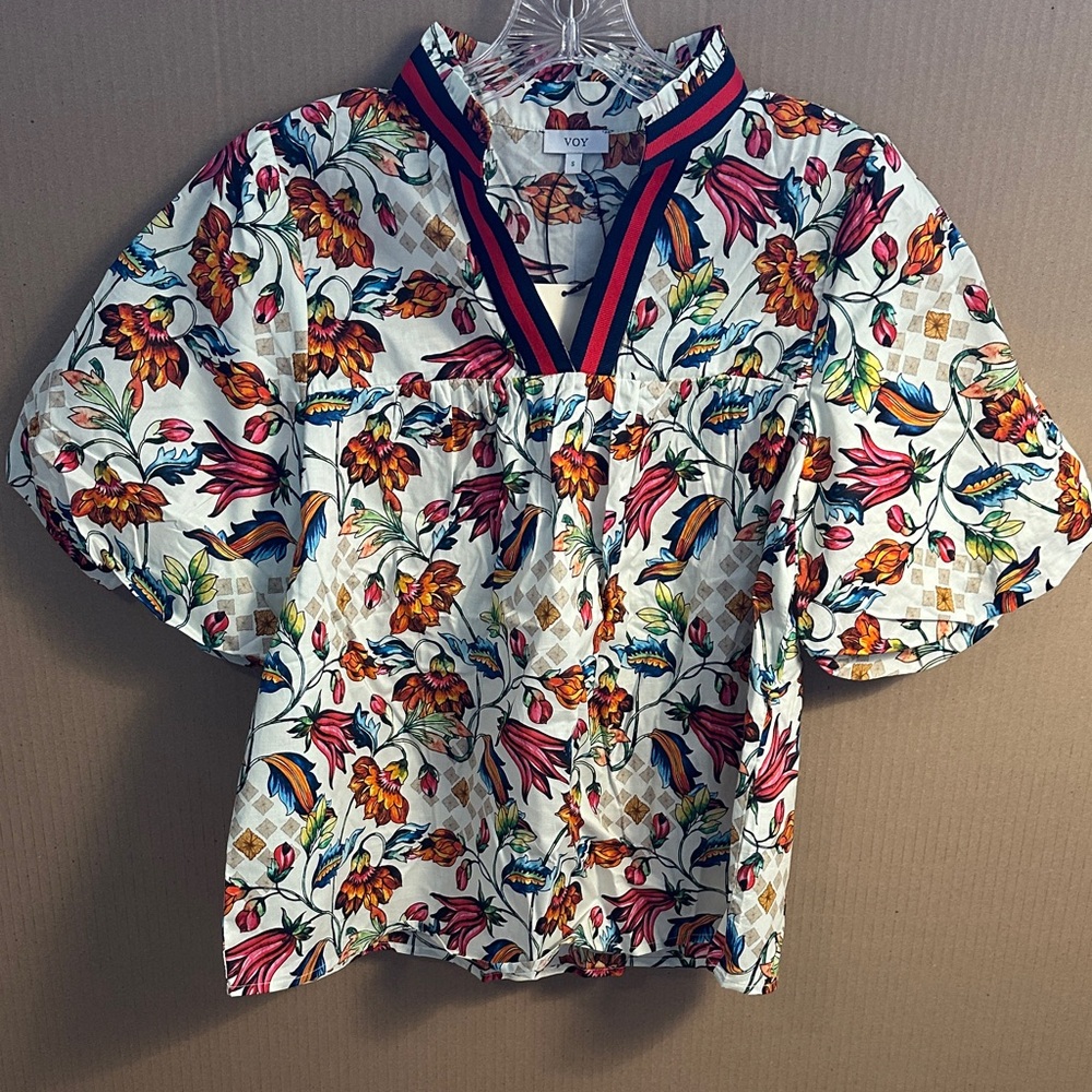 Voy Floral V-Neck Puff Sleeve Blouse - White Multi- worn once!